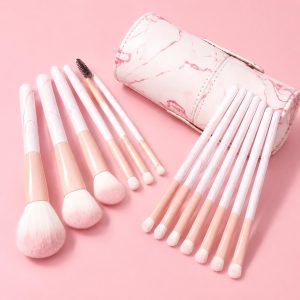 12-Piece Pink Makeup Brush Set with Storage Bucket
