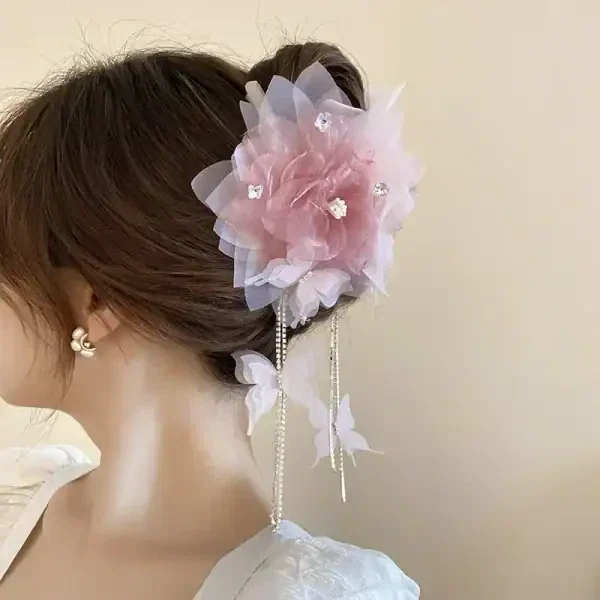 Pink Gauze Flower Rhinestone Long Fringe Hair Claw - Image 5