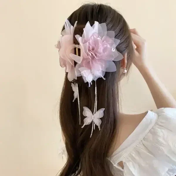 Pink Gauze Flower Rhinestone Long Fringe Hair Claw - Image 3