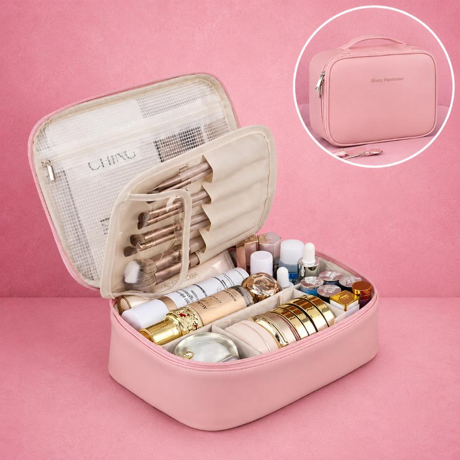 Double-Layer Pink Cosmetic Travel Organizer