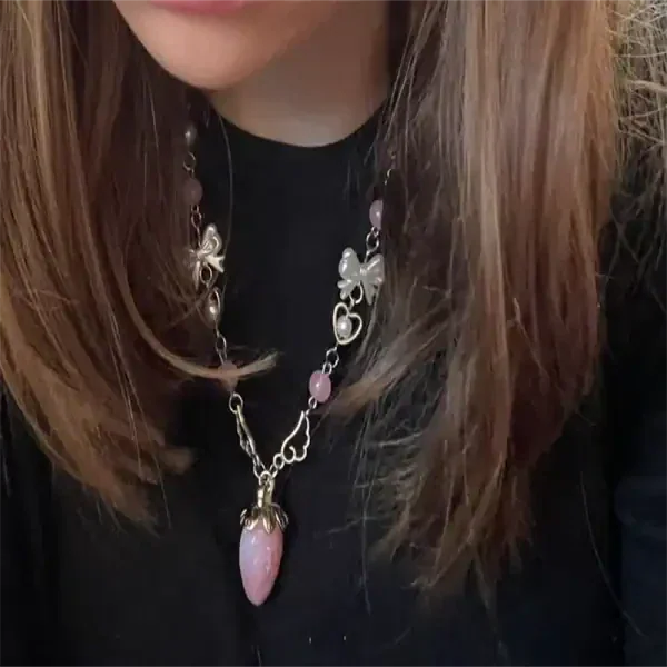 Cute Pink Strawberry Charm Necklace, Sweet Y2K Pendant Jewelry - Image 5