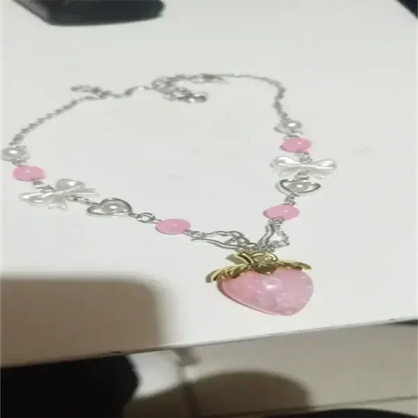 Cute Pink Strawberry Charm Necklace, Sweet Y2K Pendant Jewelry - Image 4