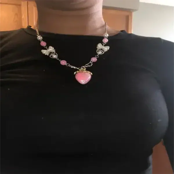 Cute Pink Strawberry Charm Necklace, Sweet Y2K Pendant Jewelry - Image 3