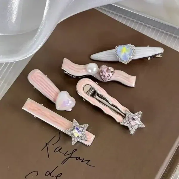 Cute Pink Hair Clip Set, Trendy Rhinestone & Bow Barrettes - Image 2