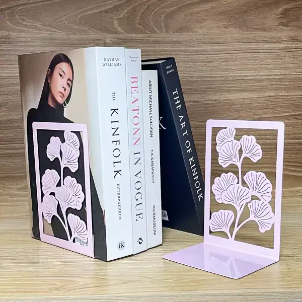 Elegant Pink Ginkgo Bookends, Minimalist Decorative Shelf Supports - Image 3