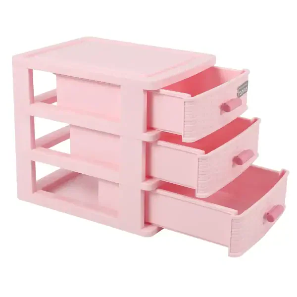 Plastic Drawer Designed 3 Compartment Jewelry Storage Box Pink - Image 4