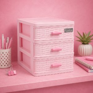 Plastic Drawer Designed 3 Compartment Jewelry Storage Box Pink