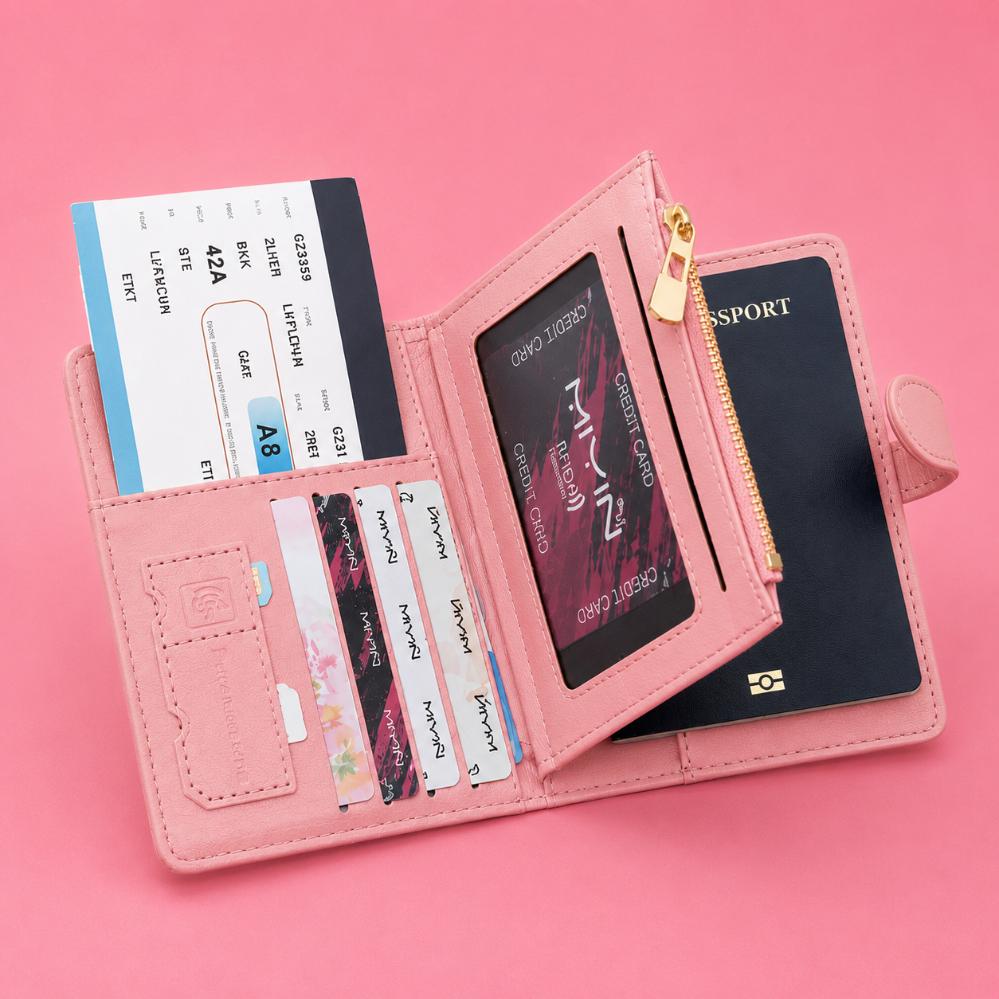Compact Pink RFID Passport Holder, Secure Travel Wallet Organizer