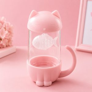 Cute Cat Tea Infuser Mug – Glass Tea Cup with Silicone Strainer Lid