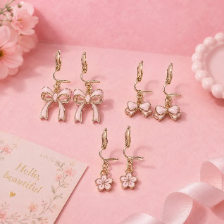 Cute Pink Charm Earrings Set – 3 Pair Cartoon Enamel Dangle Earrings for Girls