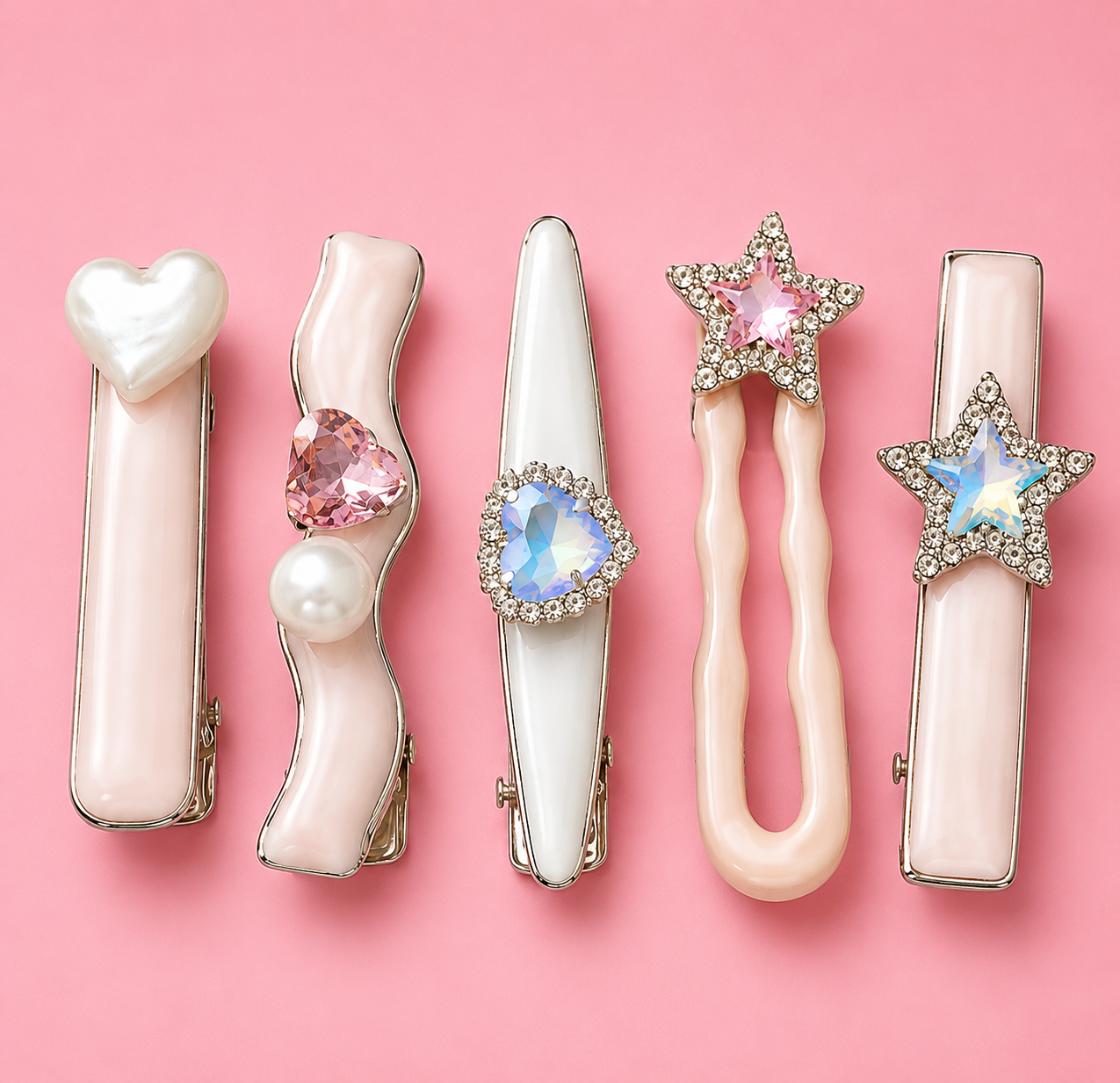 Cute Pink Hair Clip Set, Trendy Rhinestone & Bow Barrettes