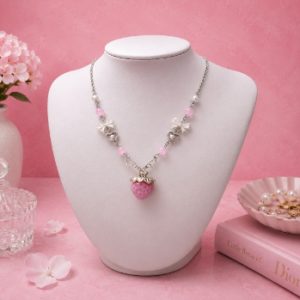 Cute Pink Strawberry Charm Necklace, Sweet Y2K Pendant Jewelry