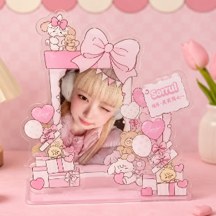 Kawaii Pink Photo Frame Display – Cute Acrylic Desktop Picture Holder