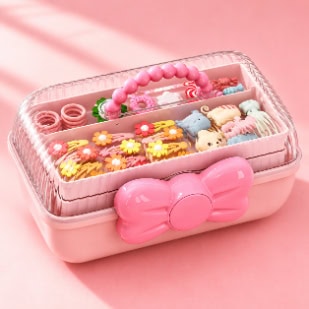 Pink Bow Hair Accessories Storage Box – Portable Organizer for Clips, Scrunchies & Hair Ties