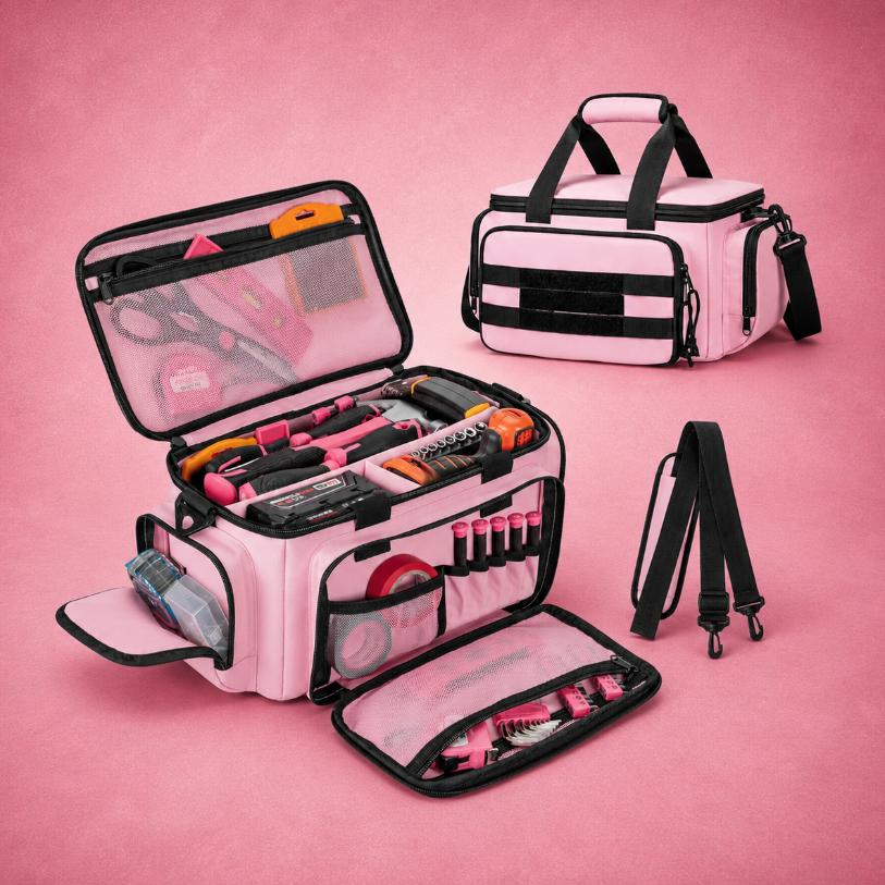Pink Heavy-Duty Tool Organizer Bag – Multi-Pocket Storage Tote with Shoulder Strap