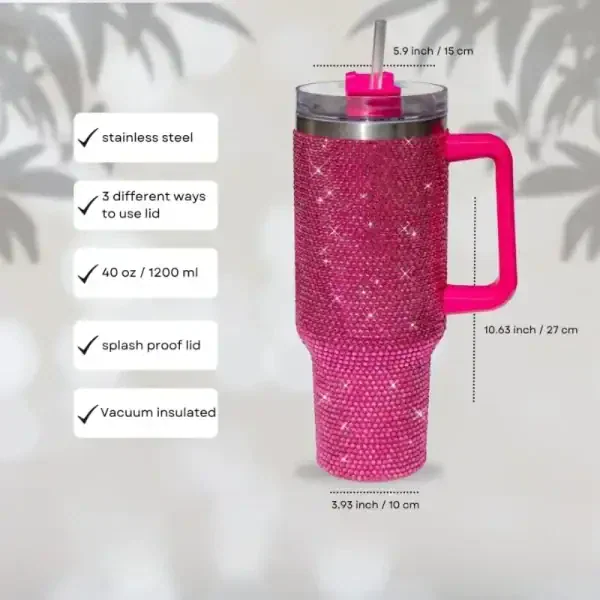Rhinestone Pink Tumbler – 40oz Sparkly Insulated Cup with Handle - Image 2