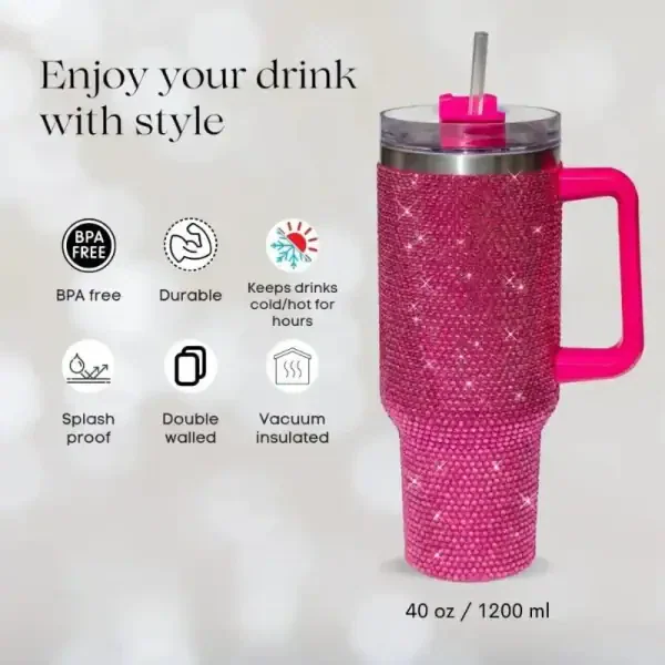 Rhinestone Pink Tumbler – 40oz Sparkly Insulated Cup with Handle - Image 4