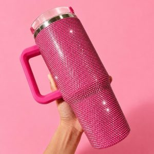 Rhinestone Pink Tumbler – 40oz Sparkly Insulated Cup with Handle