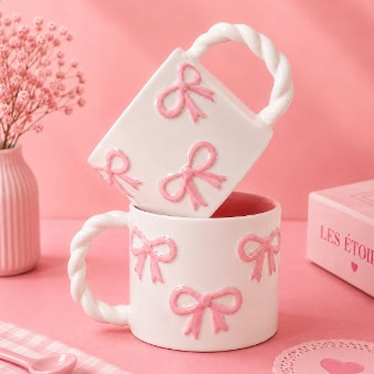 Pink Bow Ceramic Mug – Twisted Handle Coffee Cup (13oz)